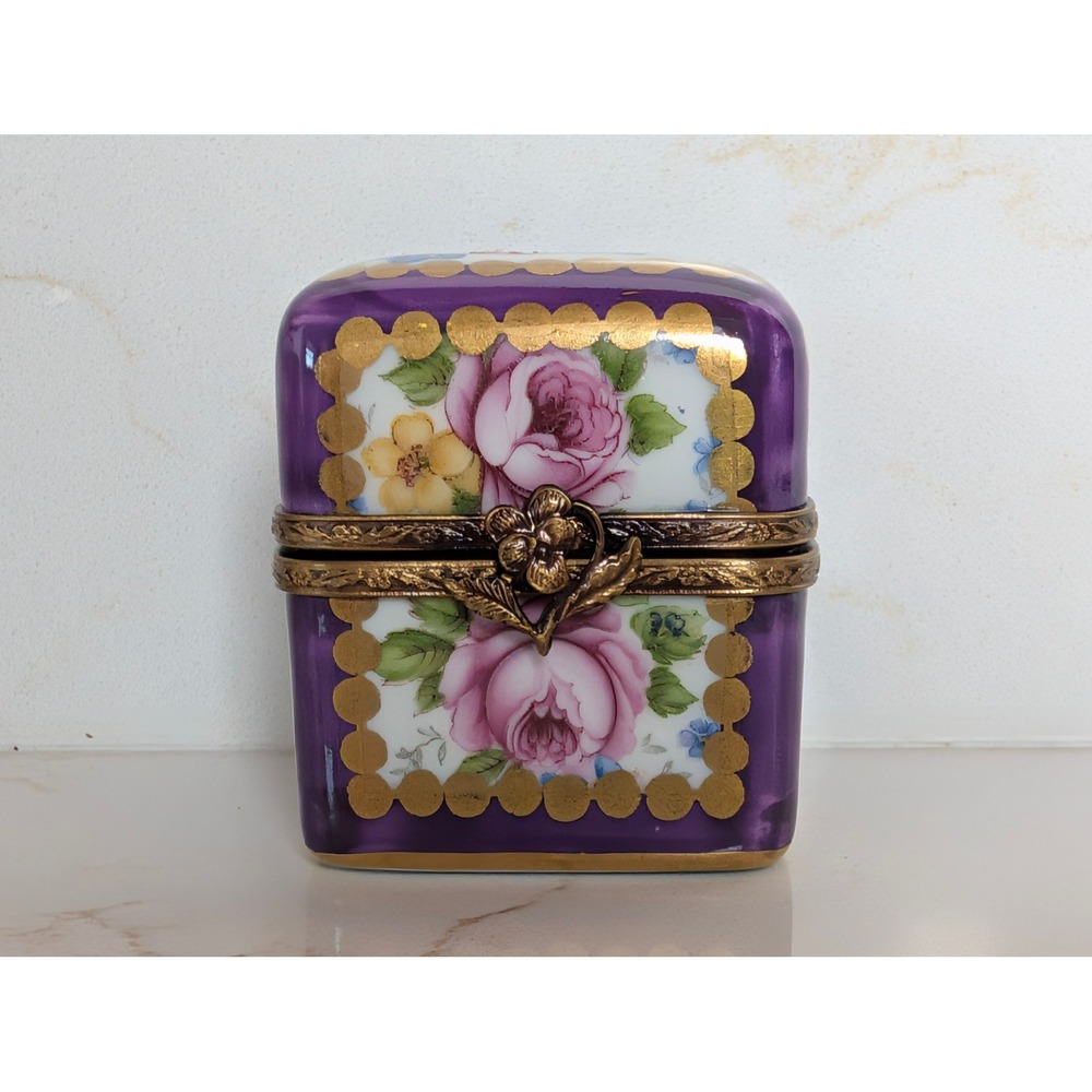 Vintage Limoges France Purple Porcelain Hinged Trinket Box Rose Floral Gold Gilt